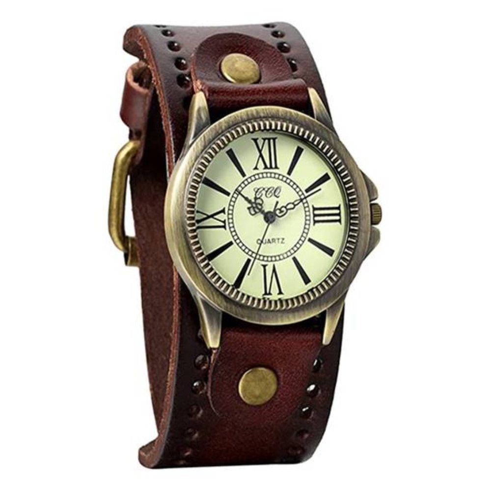 Unisex steampunk Retro Bronze Dial Brown Vintage Style Wide Leather Watch